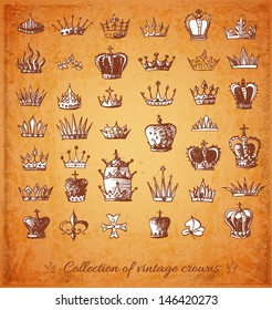Big collection of vintage crowns. Vector illustration. 