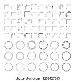 Big collection of vintage hand drawn botanical borders, floral corners, flower and branch wreaths. Vector isolated elements. Wedding flourish laurels for invitation card.