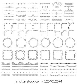 Big collection of vintage hand drawn swirl borders, floral and flower wreaths and corners. Filigree brushes. Vector isolated elements. Wedding flourish laurels for invitation card.