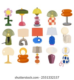 Big collection of vintage home comfort items and lamps. Different interior light decor standing and hanging in modern and retro styles. Home illumination for cozy interior. Flat vector illustrations 