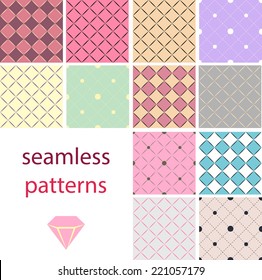 Big collection of vintage   seamless patterns with circles and embroidered with diamonds