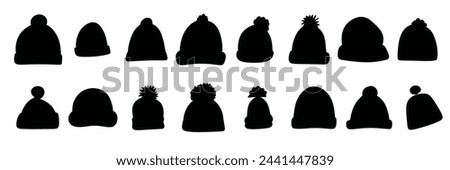 Big collection of warm hat silhouettes. Hand drawn vector art.