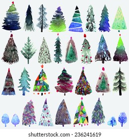 Big collection of watercolor Christmas tree isolated on a white background. Design holiday Christmas trees for wrapping paper, scrap booking