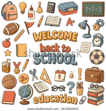 Big collection of welcome back to school, colorful bundle of vector style icons. A colorful pack of school elements for education themes, learning tools, classroom vibes.