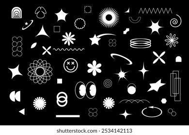 Big collection of white abstract graphic geometric symbols white color and objects in y2k style. Retro futuristic elements for design.