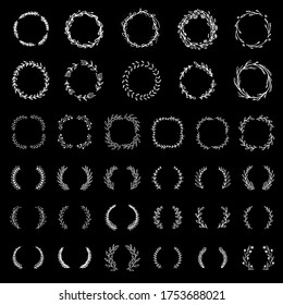 Big collection of white hand drawn vector floral wreaths and frames isolated on black background
