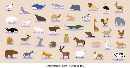 Big collection of wild jungle, savannah and forest animals, birds, marine mammals, fish. Set of cute cartoon isolated characters and icons. Colorful vector illustration in flat style.