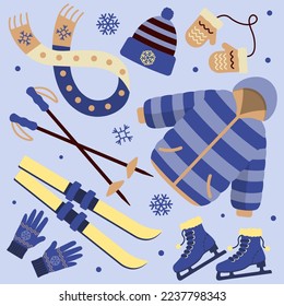 Big Collection Of Winter Clothes For Sport And Walk Vector Illustration In Flat Style