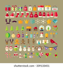 Big Collection of Winter Holidays Objects. Flat Design Vector Illustration. Set of Happy New Year and Merry Christmas Colorful Items. 