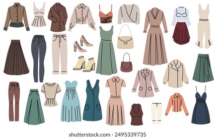 Big collection of woman's clothes in flat style. Hand drawn vector art.