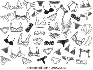 Big collection of women's bras and panties, icons set vector. Black and white objects, lady's wardrobe. Set of women's lingerie, types of bras. Illustration with models of underwear for woman