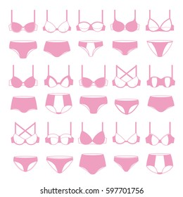 Big collection of women's bras and panties, icons set vector. Pink and white objects, lady's wardrobe. Set of women's lingerie, types of bras. Illustration with models of underwear for woman