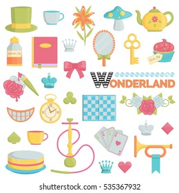 Big collection of wonderland and through the looking glass fairy tales themed icons. Flat illustrations of items and accessories from the story book about alice adventures.