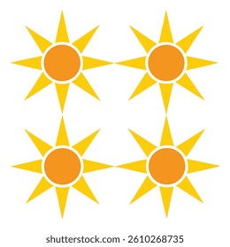 Big collection of yellow geometric flat style sun icons, symbols isolated