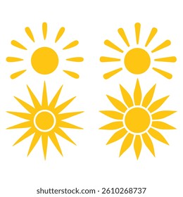 Big collection of yellow geometric flat style sun icons, symbols isolated