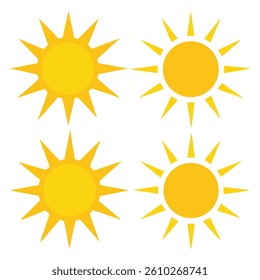 Big collection of yellow geometric flat style sun icons, symbols isolated