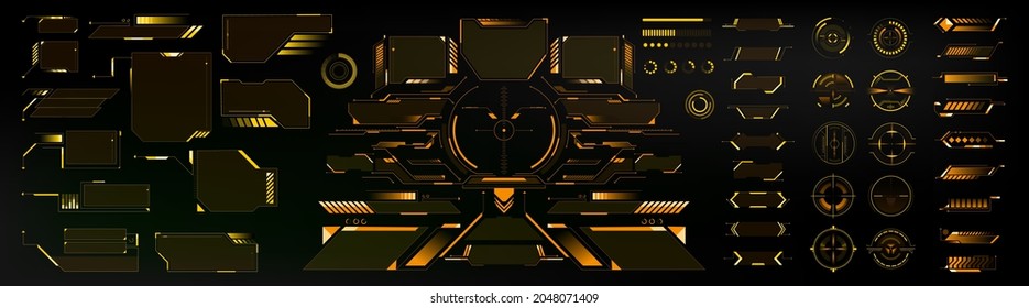 Big Collection yellow hi-tech elements, HUD, interface for GUI, UI, UX design. Futuristic Sci-Fi user Interface. Dashboard display. Callouts titles. Vector