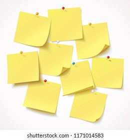 Big collection yellow sticker pinned pushbutton with curled corner, randomly scattered, ready for your message. Vector illustration. Isolated on white background. Front view. Top view. Close up. Set