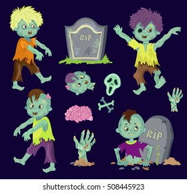 Big collection zombie boys at cemetery. Cartoon Vector illustration in a single layer without gradients.