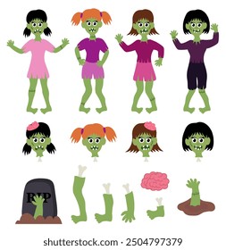 Big collection of zombie girls. Halloween Set. Cartoon Flat Vector illustration.