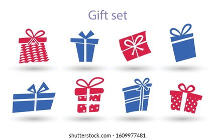 Big collections red and blue gifts box. Present box icons Silhouette, can be used for cards for Christmas or birthday. Sale, shopping concept. 