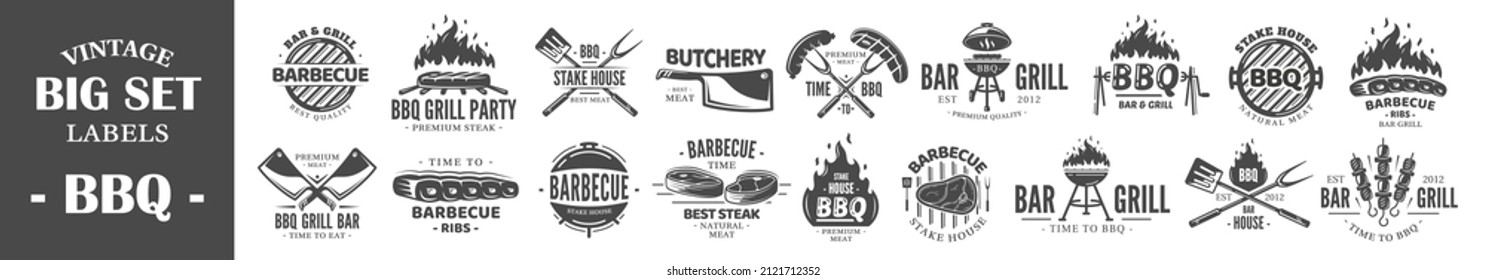 Big collections Vintage Barbecue Grill Labels isolated on white background. Set of BBQ Logo Templates for design. Vector illustrations