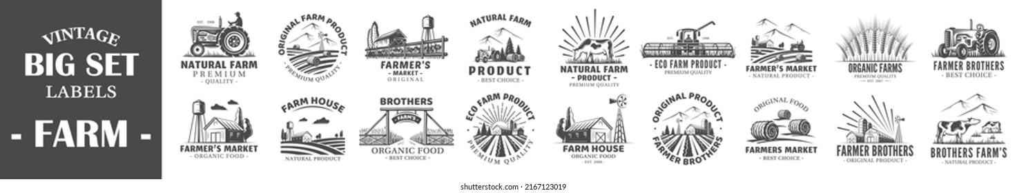 Big collections Vintage Farm Market Labels isolated on white background. Set of Farm Market Logo Templates for design. Vector illustrations