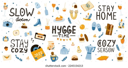 Big collecton of hygge elements in cartoon style with lettering