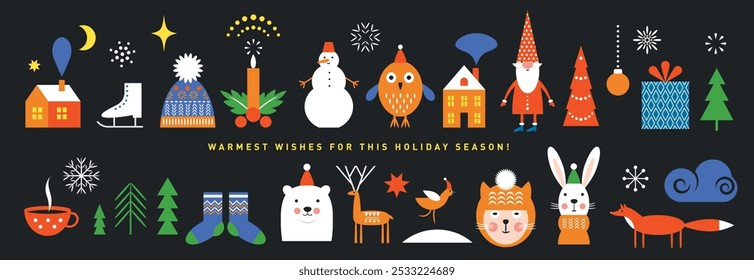 Big Colletction, Set of graphic elements on the black background for Christmas cards. Owl, Christmas Trees, snowflakes, winter houses, design elements