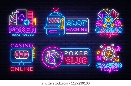 Big colletion neon sign. Casino logos and emblems. Casino Design template neon sign, Slot Machine light banner, Poker neon signboard, modern trend design, nightly bright advertising. Vector