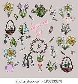 Big color clipart set. Set for spring holidays, bouquet, wreath, teapot, watering can, stand for eggs, flower and bud, doodle technique, lettering Spring set. Hand drawn icons.