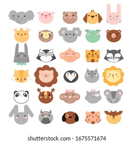 Big color set of 30 animals and birds faces silhouettes isolated on white for stickers, cards, labels and tags. Minimal style, mouse, rabbit, owl, koala, bear, raccoon, tiger, frog, etc