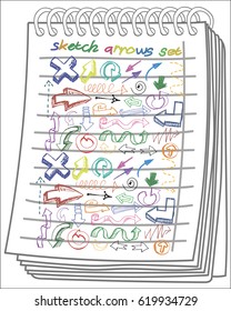 Big color set of arrows on notebook background. Free hand drawn. Vector illustration.