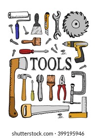 Big color set of tools on white background. Free hand drawn. Vector illustration.