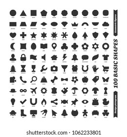 Big color vector black basic shapes set. Kids geometric figures school collection. Simple isolated design pictogram. Printable version.