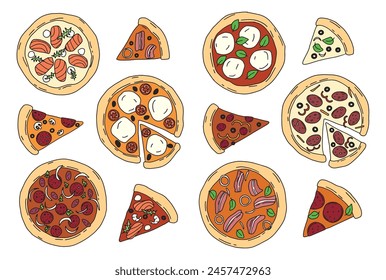 
big color vector set of hand drawn pizza