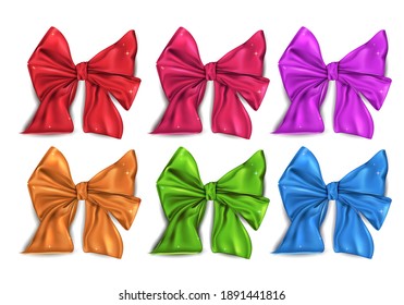 Big colored collection of satin bows purple, red, orange, green, blue color isolated on a white background. Bright bows for decoration. Vector illustration
