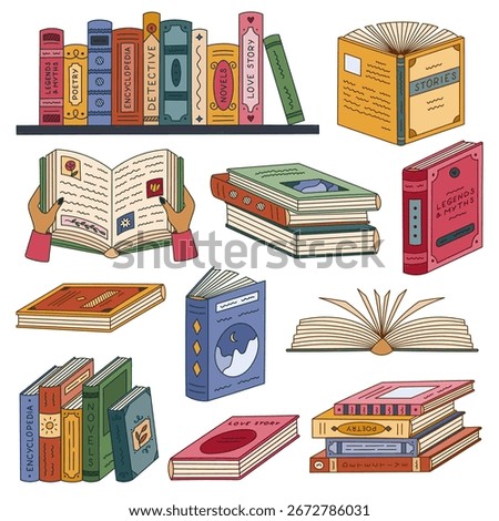 Big colored doodle set with fiction, open books for reading, bookshelf. Kids encyclopedia, love story. Lovely hand drawn back to school literature for learning, teaching isolated on white background.