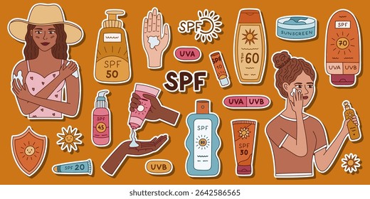 Big colored doodle sticker sheet about sun protection for planners, notebooks, decoration. Ready for print list of hand drawn sticker list with protective cosmetic against ultraviolet rays.