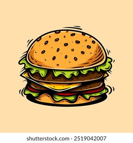 big colored double cheese burger isolated design vector vintage style hand draw