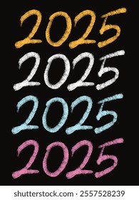 Big colored number design template 2025. The numbers are hand drawn in chalk style. New Year 2025 logo text design template. Happy New Year 2025 design. Vector illustration.