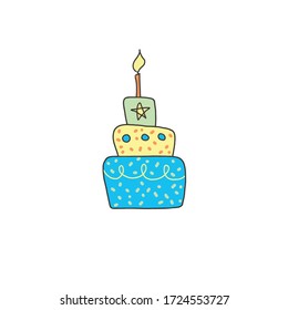 Big colorful birthday cake isolated on white background. Multicolor birthday cake for girl or boy.Three-story sponge cake with multi-colored layers.Design elements for birthday decoration.