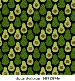 Big colorful cartoon avocados in flat color dark background seamless pattern. Print, texture, healthy eating