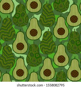 Big colorful cartoon  avocados in flat color  dark background seamless pattern. Print, texture, healthy eating