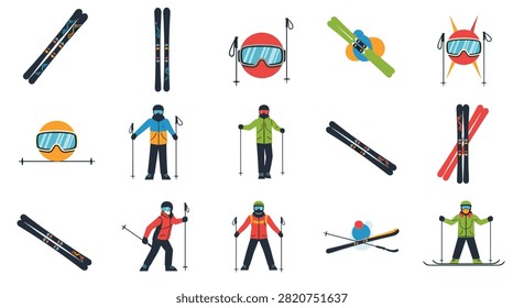 Big colorful collection of skiing elements, icons, equipment, and active skiers isolated on white background.