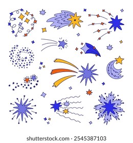 Big colorful cute set of star dust, spiral twinkle cloud, falling star with hand drawn doodle outline. Sparkling magical stardust, comet shower. Astrology, astronomy, universe, Christmas element.