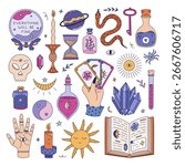 Big colorful doodle esoteric and magical set with wizard potion, spell book, crystal ball of fortuneteller, astrology elements. Lovely hand drawn Halloween collection with witch core aesthetic.