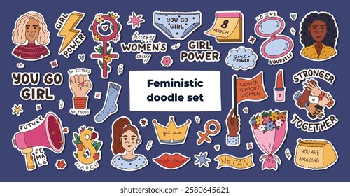 Big colorful doodle Girl Power sticker set for planners, notebooks. Ready for print list of cute outline stickers of sisterhood, gender equality, women community and motivational lettering.