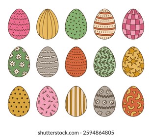 Big colorful doodle set with Easter egg with geometric, abstract, swirl striped, checked, dot ornament. Trendy hand drawn symbol of Easter egg hunt. Cute painted doodle of isolated on background.