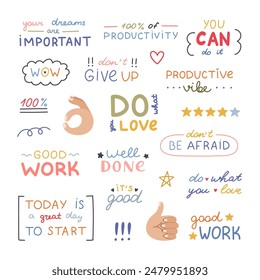 Big colorful doodle set of handwritten lettering with motivational, cheering phrases. Cute hand drawn typography for good job, achievement, reward. Inspirational doodle for poster, print, sticker.